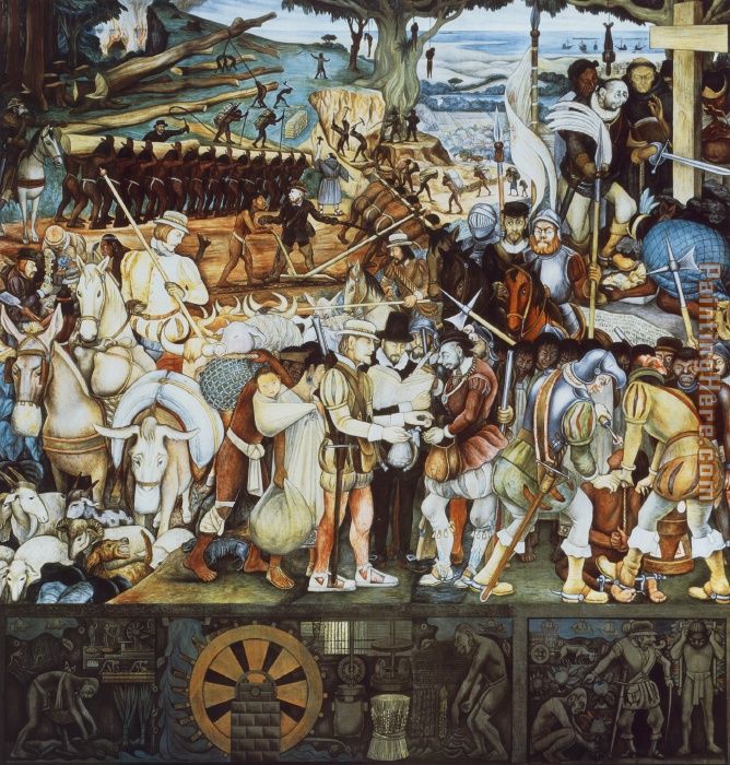 Disembarkation of the Spanish at Vera Cruz (with Portrait of Cortez as a Hunchback) painting - Diego Rivera Disembarkation of the Spanish at Vera Cruz (with Portrait of Cortez as a Hunchback) art painting